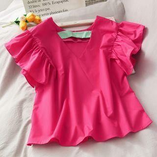 Ruffled-cuff Cropped V-neck Blouse