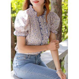 Frilled Lettuce-edge Floral Blouse Light Beige - One Size