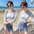 Set : Long-sleeve Drawstring Bikini Top + Swim Skirt