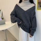 Mock Two-piece Turtleneck Shoulder Cutout Bat-sleeve Sweater