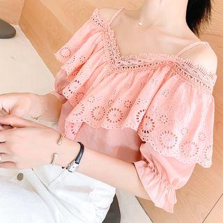 Crochet Trim Eyelet Ruffle Short-sleeve Top