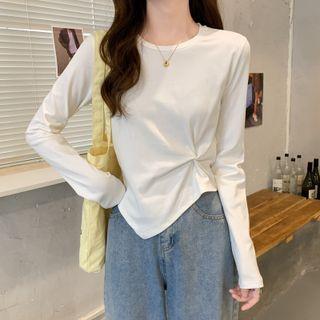 Plain Asymmetrical Round-neck Long-sleeve T-shirt