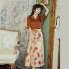 Set: Short-sleeve V-neck Shirt + Leaf Print Midi A-line Skirt