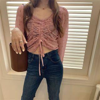 Long-sleeve Drawstring Floral Chiffon Top Pink - One Size