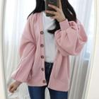 Petite Size Balloon-sleeve Loose-fit Ribbed Cardigan