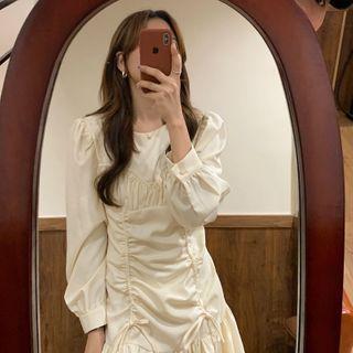 Long-sleeve Plain Ruched Dress
