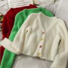 Flower-button Furry-knit Cardigan