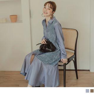 Ruffled Hem Long Sleeve Panel Midi Shirtdress