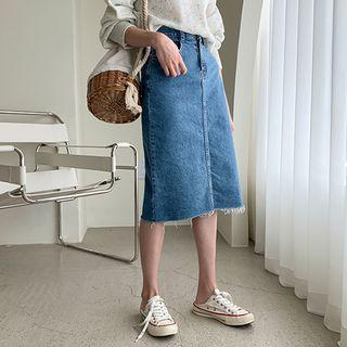 Fray-hem H-line Midi Denim Skirt