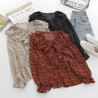 Agaric Laces Floral Trumpet-sleeved Chiffon Shirt