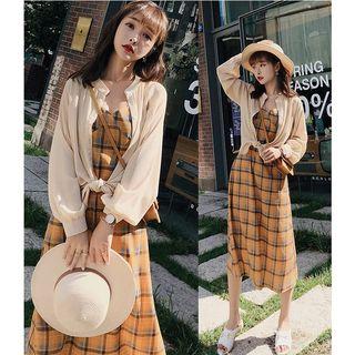 Set: Light Jacket + Plaid Strappy A-line Midi Dress