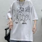 Cartoon Dinosaur Short-sleeve T-shirt White - One Size