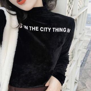 Lettering Turtle-neck Long-sleeve Slim-fit Top