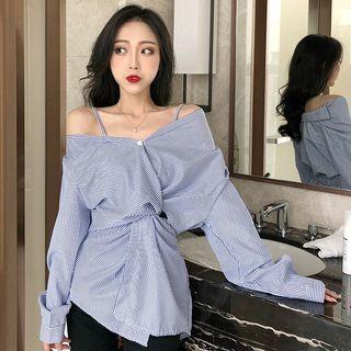 Pinstriped Off Shoulder Blouse As Shown In Figure - One Size