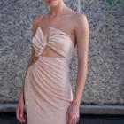 One-shoulder Spaghetti Strap Cut-out Ruched Midi Dress
