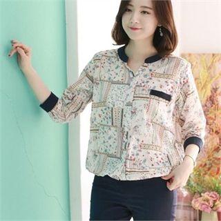 3/4-sleeve Contrast-trim Floral Blouse