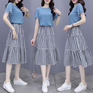 Set: Short-sleeve Frill Trim T-shirt + Gingham Check Midi A-line Skirt
