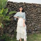 Tie-beck Long-sleeve Crop Top / Midi Tiered Skirt