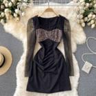 Square-neck Sequin Panel Mesh Long-sleeve Dress
