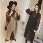 Set: Floral Print Tie-neck Chiffon Dress + Long Knit Vest