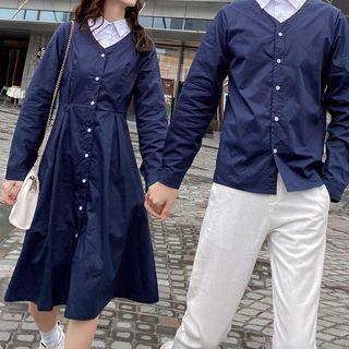 Couple Matching Mock Two-piece Shirt / A-line Dress