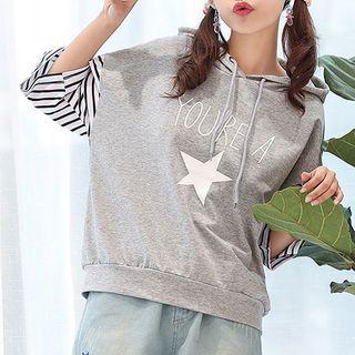 Print Elbow-sleeve Hooded T-shirt