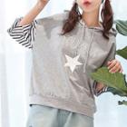 Print Elbow-sleeve Hooded T-shirt