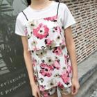 Set: Plain Short-sleeve T-shirt + Floral Print Camisole Top + Shorts