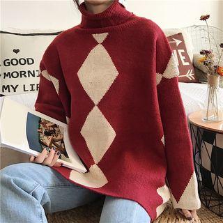 Color-block Turtle-neck Loose-fit Sweater