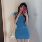 Short-sleeve Ribbed Mini Knit Dress Blue - One Size