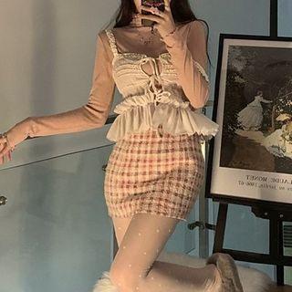 Long-sleeve Top / Spaghetti Strap Plaid Top / Plaid Mini A-line Skirt