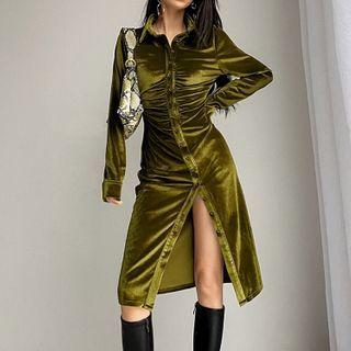 Shirred Velvet Midi Shirtdress