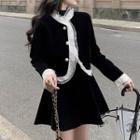 Lace Trim Faux Pearl Button Jacket / Mini A-line Skirt