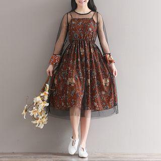 Set: Floral Print Slipdress + Long Sleeve Mesh Dress