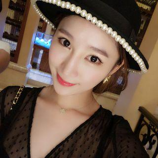 Faux Pearl Trim Bowler Hat