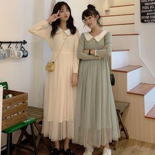 Peter Pan Collar Mesh Panel Midi Dress