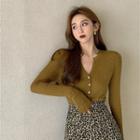 Long-sleeve Button Up Knit Top / Leopard Print Mini A-line Skirt