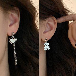 Heart Bear Drop Sterling Silver Ear Stud 1 Pair - Silver - One Size