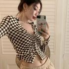 Checkered Crop Shirt / Faux Leather Mini Pencil Skirt