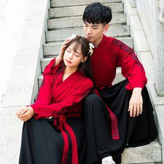 Couple Matching Set: Long-sleeve Wrap Top + A-line Maxi Skirt