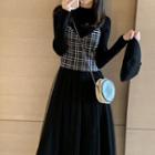 Set: Long-sleeve Knit Dress + Plaid Camisole Top