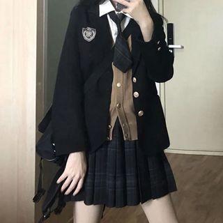 Plain Blazer / Cardigan / Shirt / Pleated Skirt / Neck Tie / Set