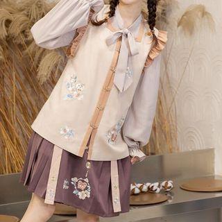 Set: Bow-neck Blouse + Ruffle Trim Vest + Pleated Midi A-line Skirt