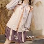 Set: Bow-neck Blouse + Ruffle Trim Vest + Pleated Midi A-line Skirt