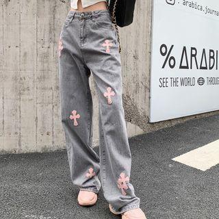 Mid Rise Loose Fit Cross Print Jeans