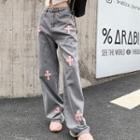 Mid Rise Loose Fit Cross Print Jeans