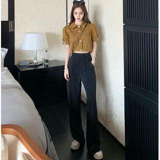 Short Sleeve Denim Cropped Shirt / High Waist Plain Straight Leg Pants