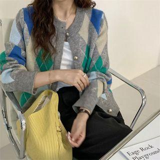 Crew Neck Argyle Cropped Cardigan