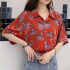 Short-sleeve Floral Blouse Red - One Size