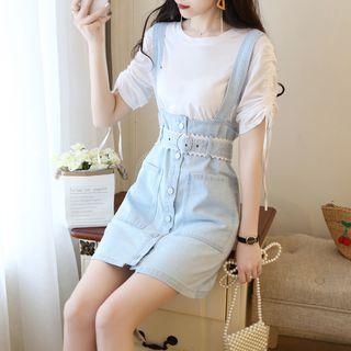 Set: Elbow-sleeve Drawstring T-shirt + Mini Denim Suspender Skirt